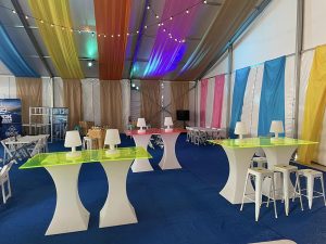 LED glow furniture setup for event in Orlando with illuminated bar and lounge seating